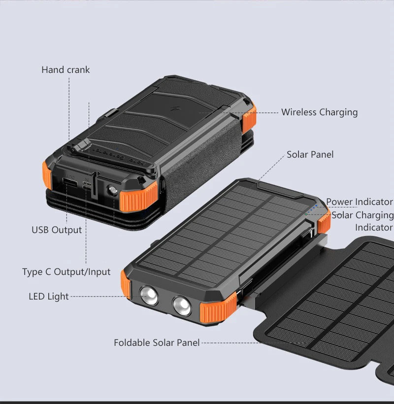 Hand Crank Solar Power Bank 20000mAh with Cable Light Folding Solar Panel Wireless Charger Powerbank for iPhone 17 Xiaomi Huawei