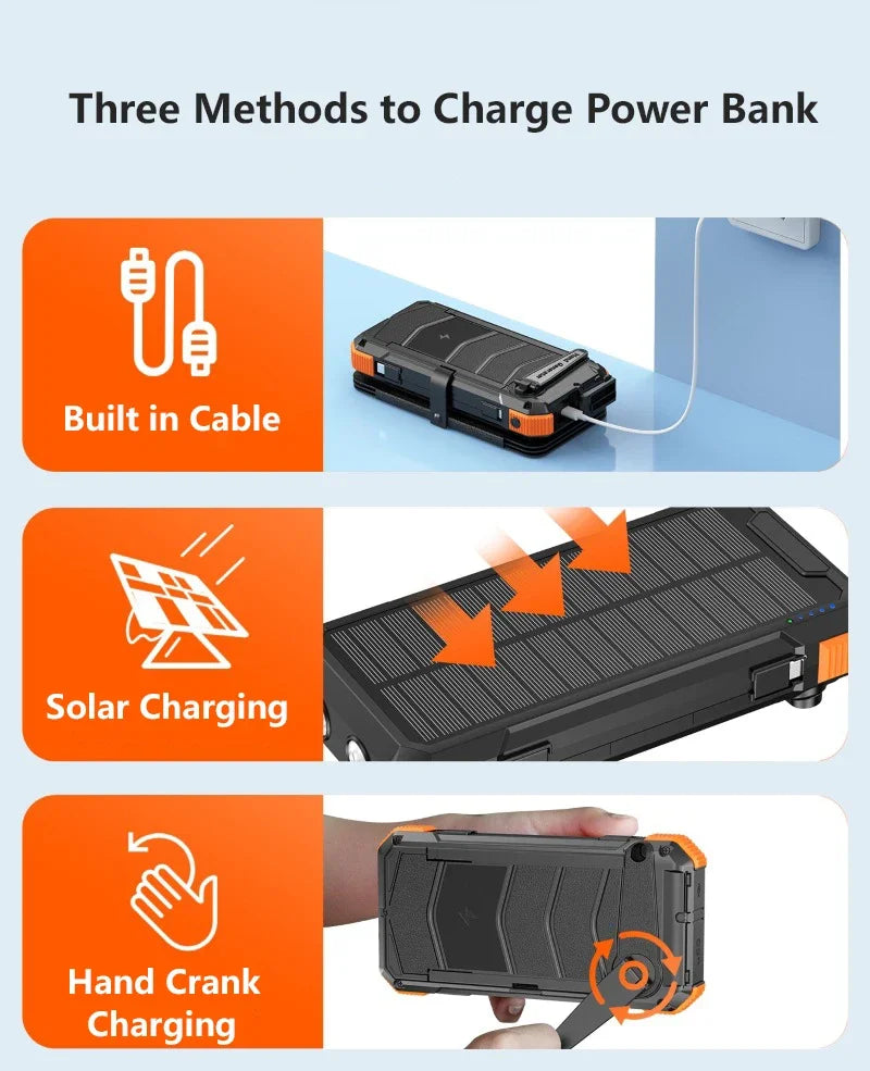 Hand Crank Solar Power Bank 20000mAh with Cable Light Folding Solar Panel Wireless Charger Powerbank for iPhone 17 Xiaomi Huawei