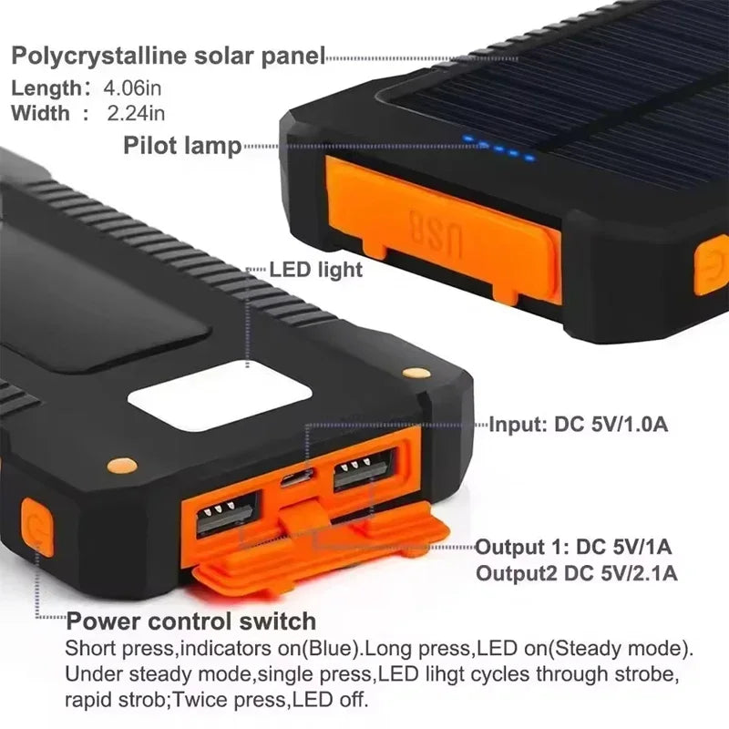 100000mAh Solar Power Bank External Battery Portable Charger Waterproof Powerbank W/ SOS Flashlight for IPhone Xiaomi Huawei
