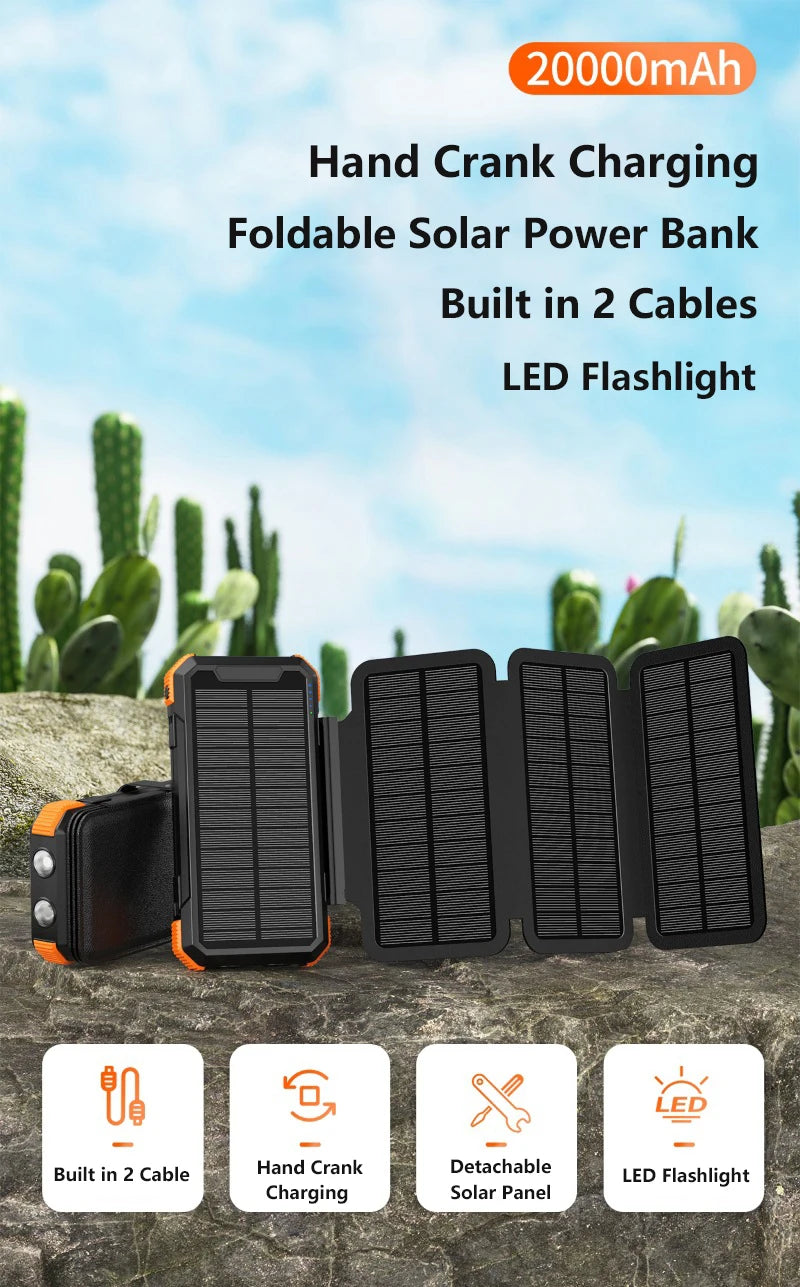 Hand Crank Solar Power Bank 20000mAh with Cable Light Folding Solar Panel Wireless Charger Powerbank for iPhone 17 Xiaomi Huawei