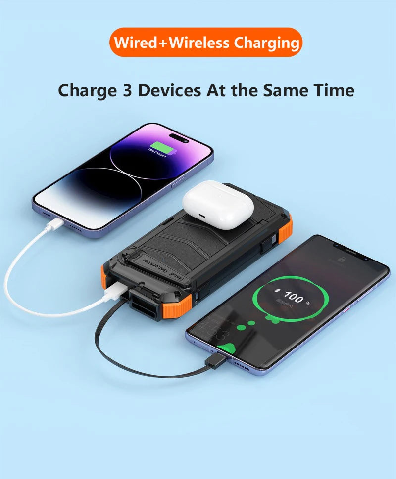Hand Crank Solar Power Bank 20000mAh with Cable Light Folding Solar Panel Wireless Charger Powerbank for iPhone 17 Xiaomi Huawei