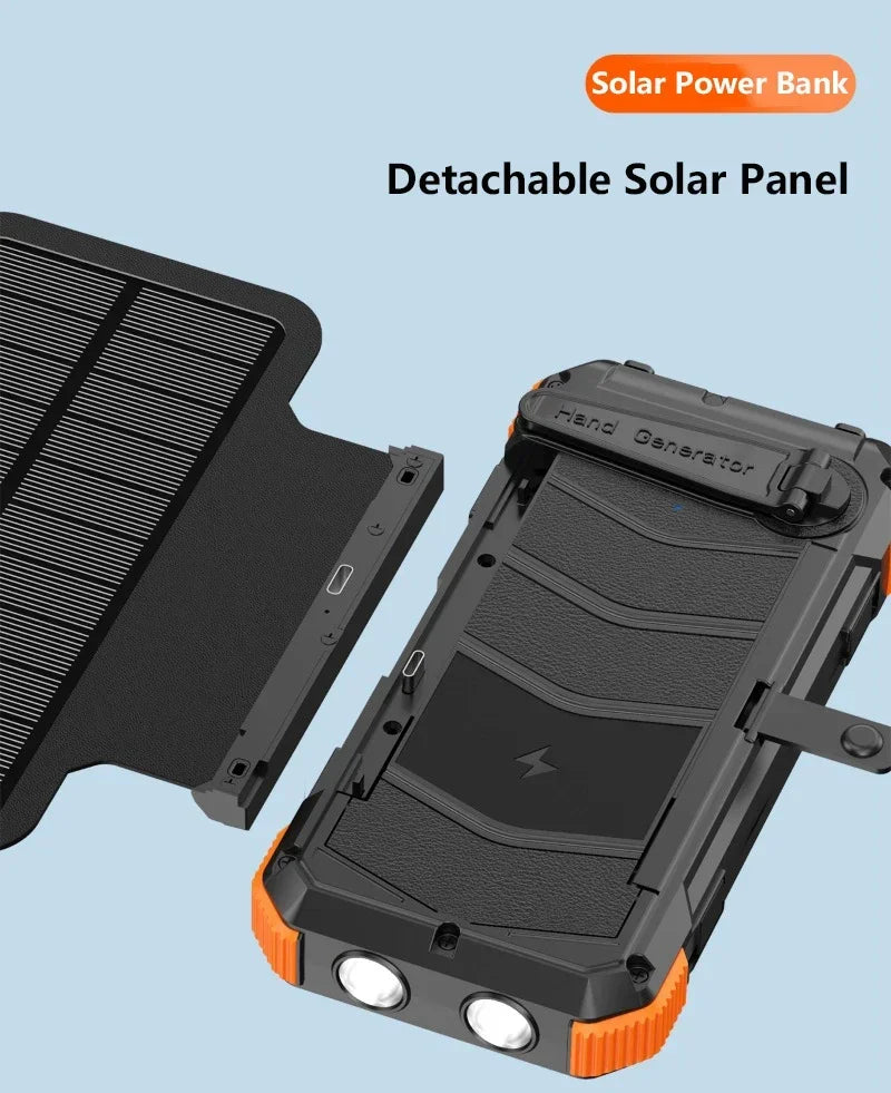 Hand Crank Solar Power Bank 20000mAh with Cable Light Folding Solar Panel Wireless Charger Powerbank for iPhone 17 Xiaomi Huawei