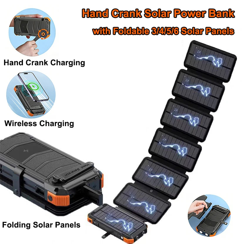 Hand Crank Solar Power Bank 20000mAh with Cable Light Folding Solar Panel Wireless Charger Powerbank for iPhone 17 Xiaomi Huawei