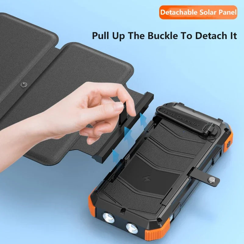 Hand Crank Solar Power Bank 20000mAh with Cable Light Folding Solar Panel Wireless Charger Powerbank for iPhone 17 Xiaomi Huawei