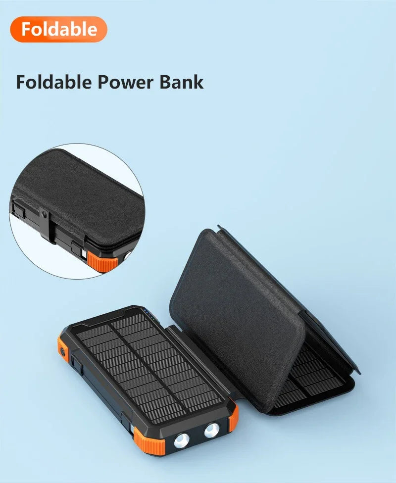 Hand Crank Solar Power Bank 20000mAh with Cable Light Folding Solar Panel Wireless Charger Powerbank for iPhone 17 Xiaomi Huawei
