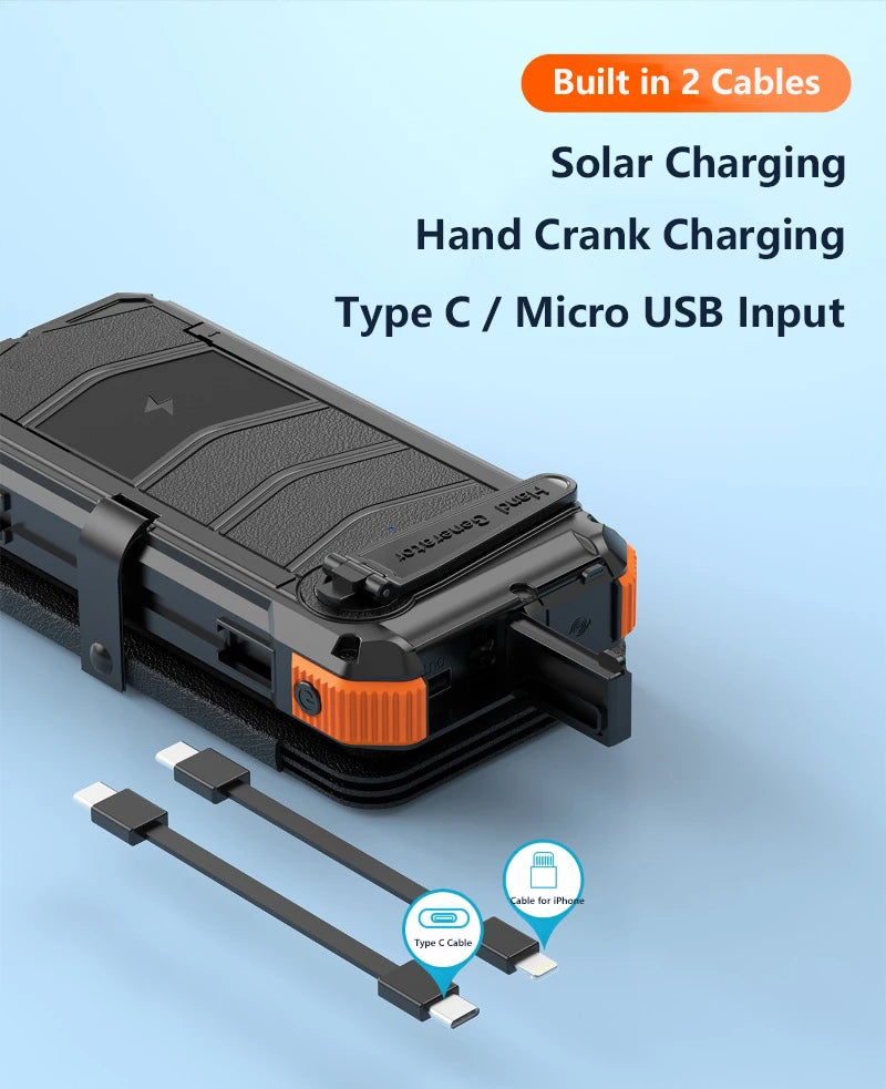 Hand Crank Solar Power Bank 20000mAh with Cable Light Folding Solar Panel Wireless Charger Powerbank for iPhone 17 Xiaomi Huawei