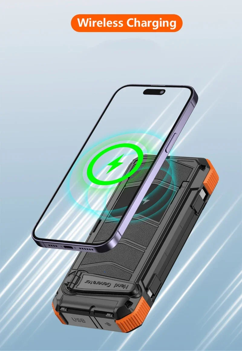 Hand Crank Solar Power Bank 20000mAh with Cable Light Folding Solar Panel Wireless Charger Powerbank for iPhone 17 Xiaomi Huawei