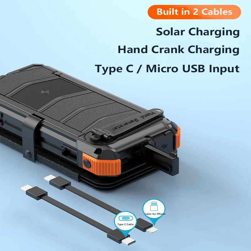 Hand Crank Solar Power Bank 20000mAh with Cable Light Folding Solar Panel Wireless Charger Powerbank for iPhone 17 Xiaomi Huawei