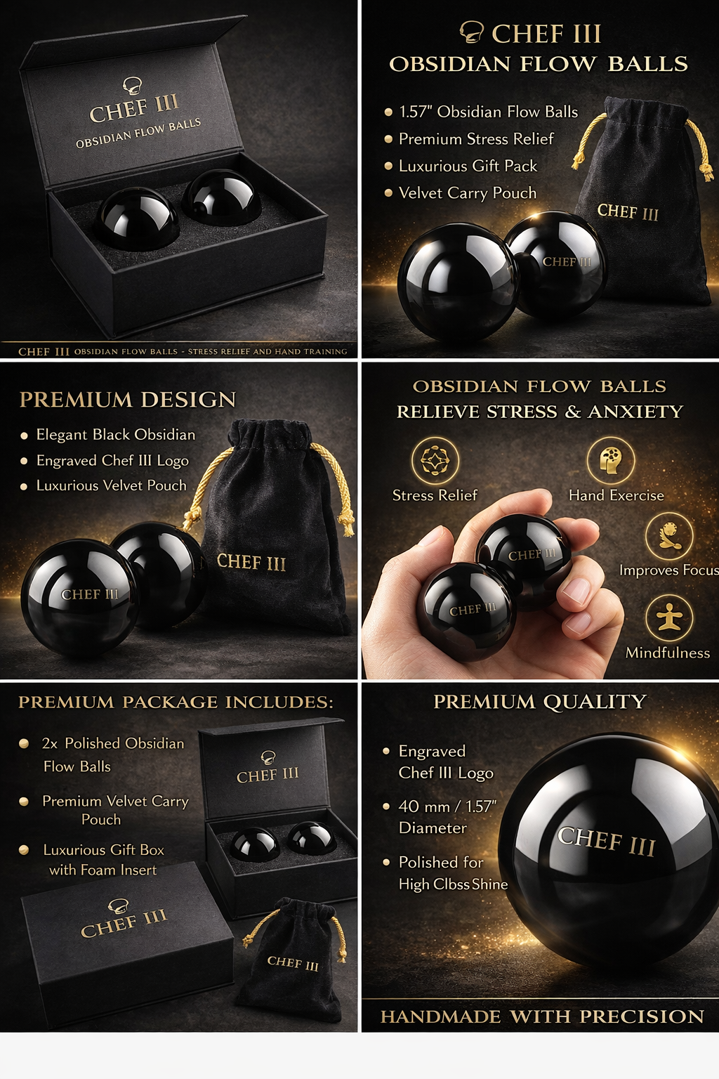 CHEF III Baoding Balls for Stress Relief (40mm) – Premium Black Obsidian Hand Exercise Balls, Chinese Meditation Stress Balls, Grip Strength Therapy, Finger Dexterity Training, w/ Luxury Pouch (2 Pack)