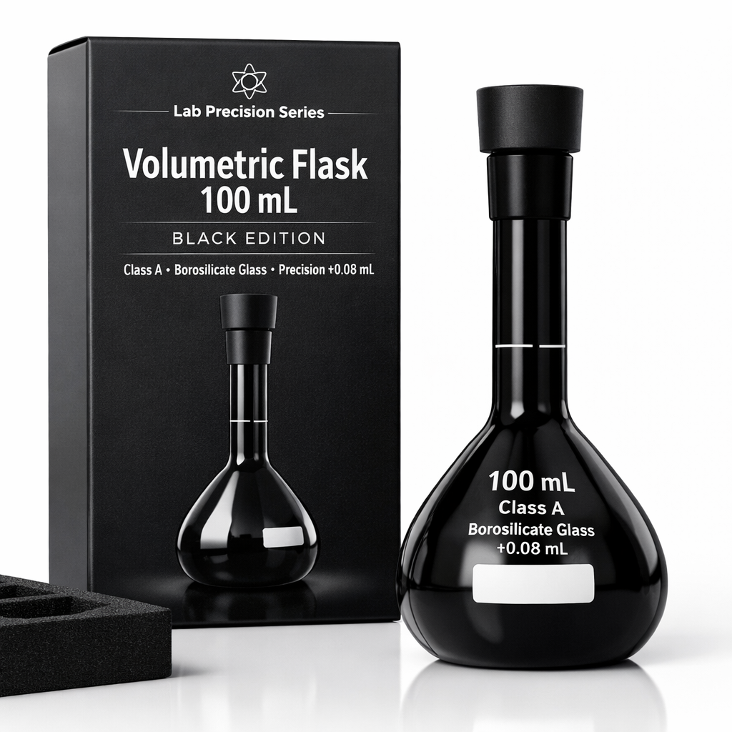 Volumetric Flask 100 mL Black Edition – Borosilicate Glass Class A, Laboratory Precision, PTFE Stopper, Premium Scientific Labware