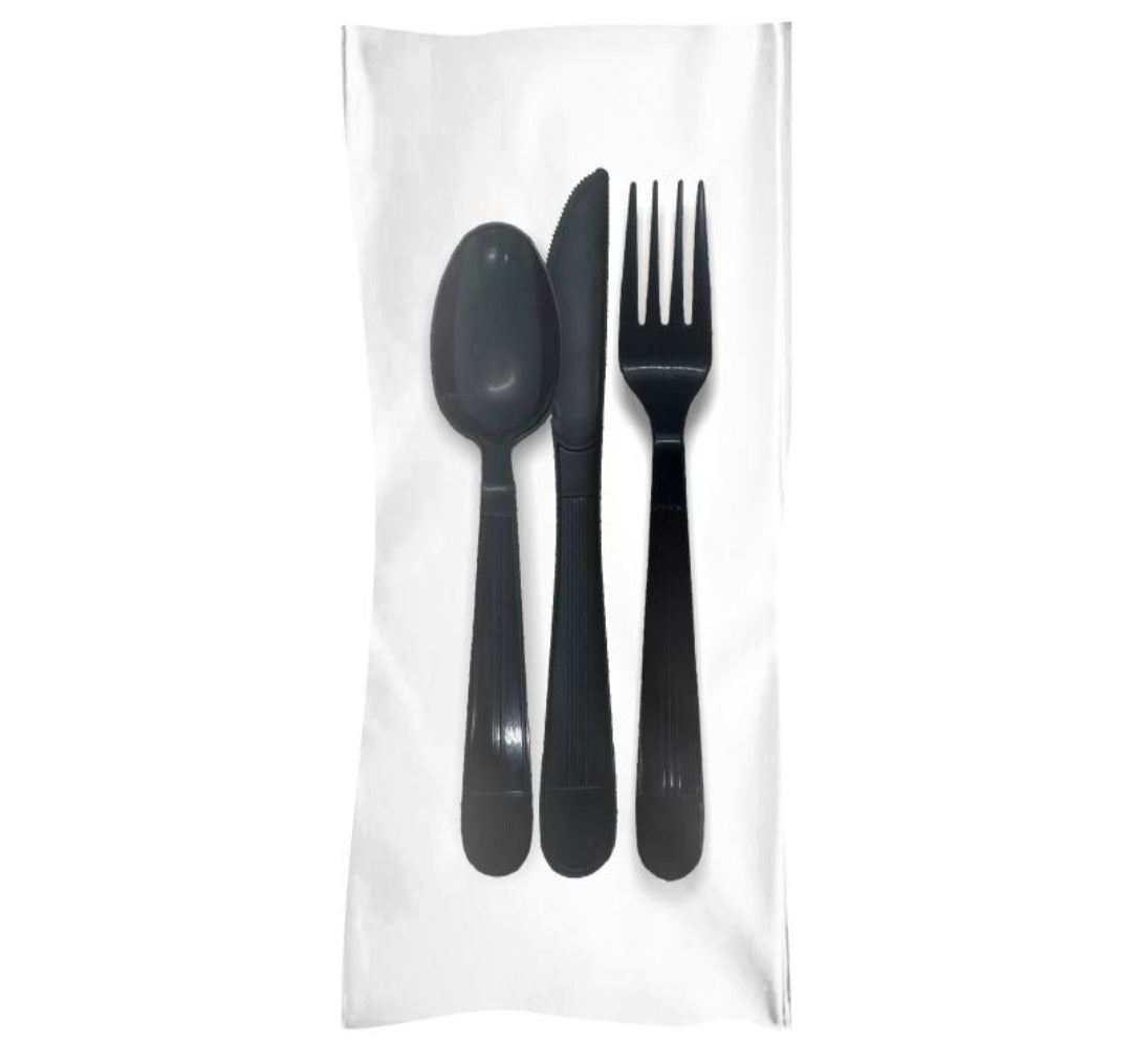 Medium Weight Plastic Cutlery Packets, Knife Fork Spoon [black]
