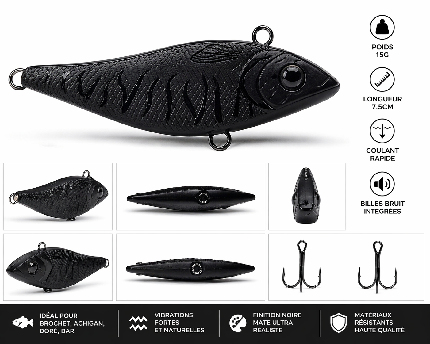 Black Bavette Black Vibrant Lure 7.5 cm - Lipless Crankbait High Performance with Sound Balls - Pike, Achigan, Gold