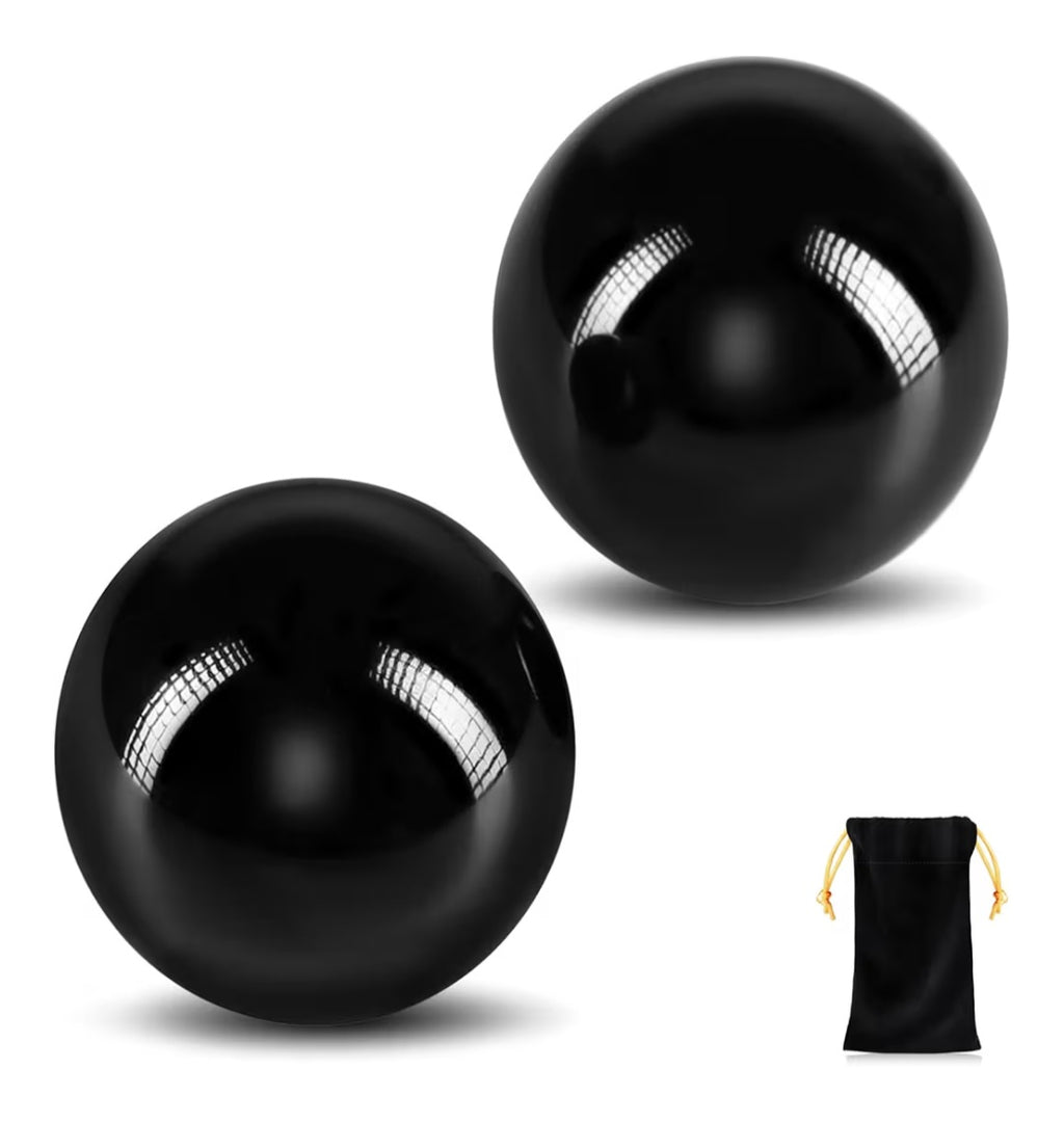 Learay 2 Pcs Black Obsidian Baoding Balls, Chinese Health Exercise Massage Balls with Carry Pouch for Stress Relief Hand Exercise Balls (Black/1.57 inch)