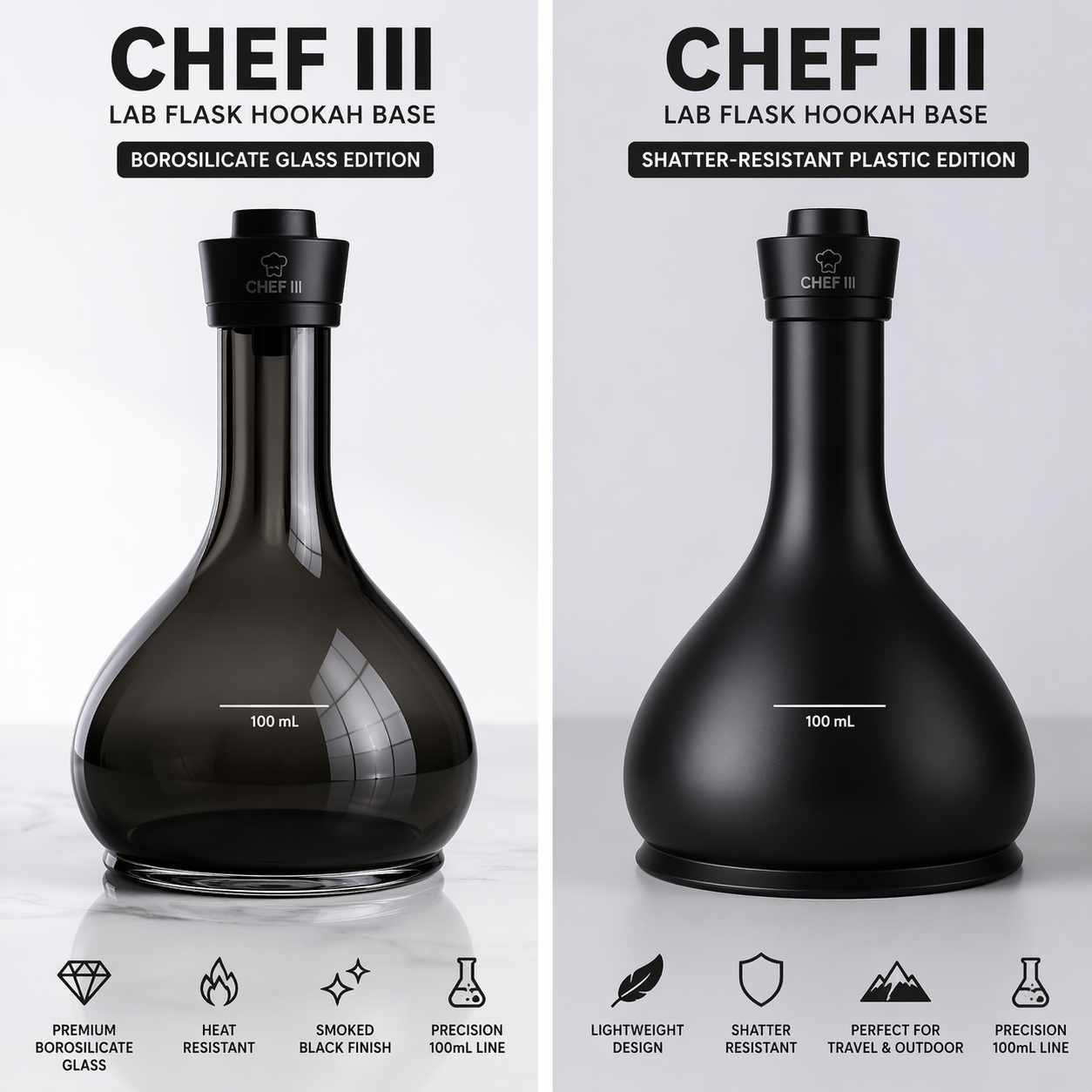 Chef III – Lab Flask Hookah Base, Borosilicate Glass, Smoked Black, Precision 100 mL Mark, Heavy Stable Flat Base, Premium