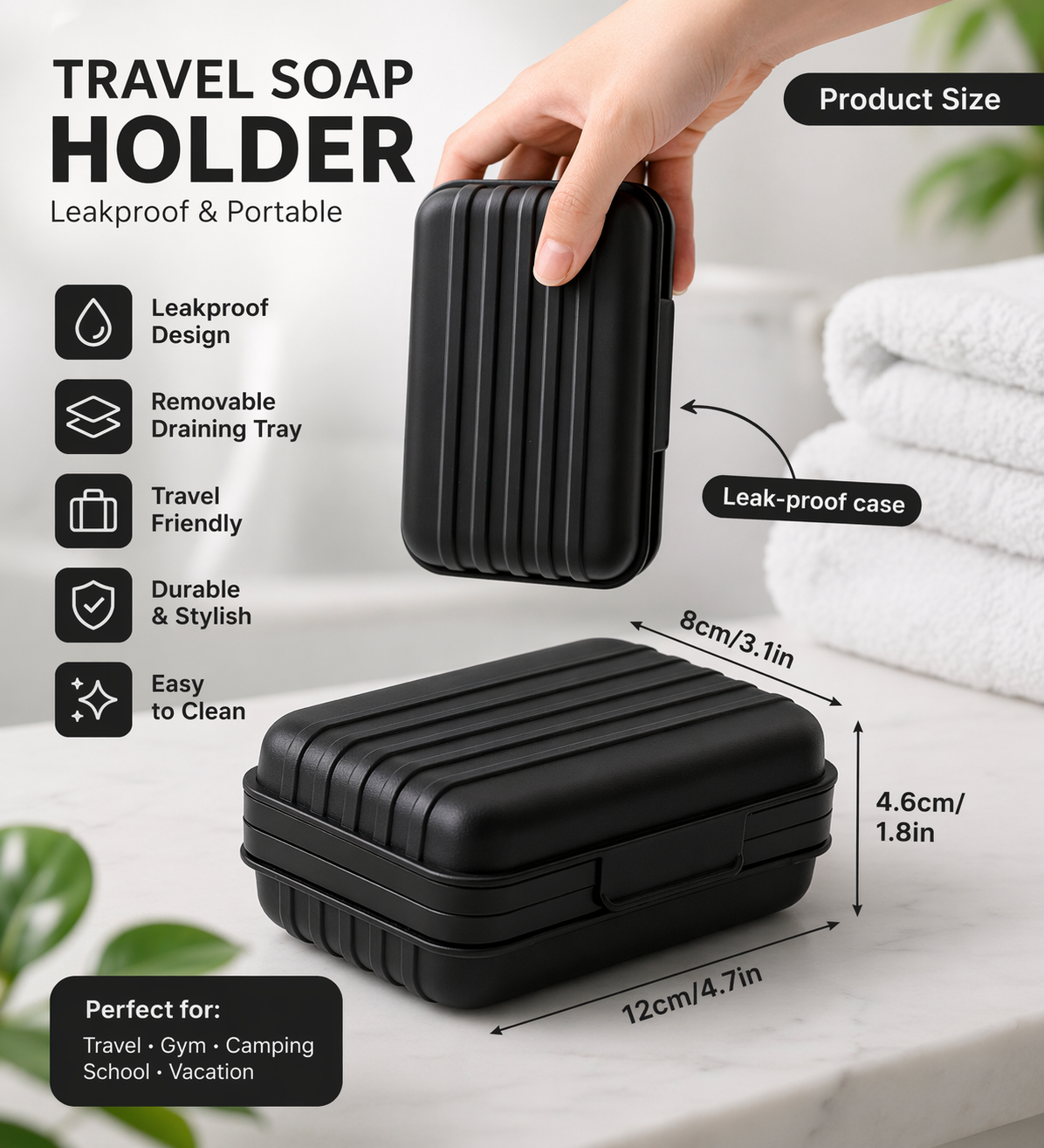 Black Travel Soap Holder – Leakproof Soap Case with Lid, Portable Bar Soap Container with Removable Draining Tray, Waterproof Soap Box for Shower, Gym, Camping & Travel